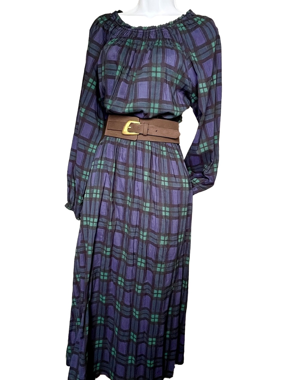 Lucky Brand Long Sleeve Peasant Maxi Dress Sz L Plaid Smocked Neckline & Waist
